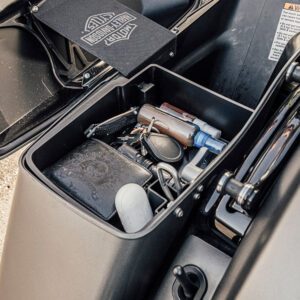 Top Shelf Saddlebag Organizer Tray fits 2014-23 H-D Factory Hard Bags - Free Orbit LED Light